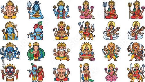 Hindu gods and goddesses illustration set featuring traditional deities, spiritual symbols, mythology characters and colorful religious artwork collection