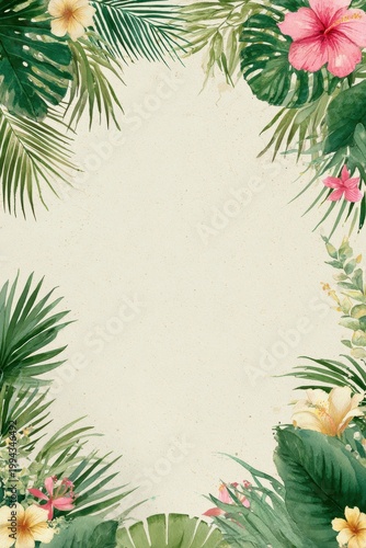 Watercolor tropical frame border with palm leaves and hibiscus for summer designs