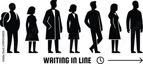 Silhouettes of diverse people standing in a queue with clear signage indicating waiting in line concept