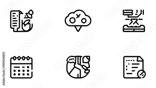 Icon Collection: An assortment of line art icons depicting various environmental and organizational elements, perfect for digital design and thematic concepts.