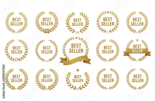 Best Seller Icon Badge Sticker. Flat Vector Gold Laurel Wreath Logo for Marketing and Sales Promotion.
