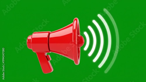 3D red megaphone amplifying sound waves on vibrant green background for communication