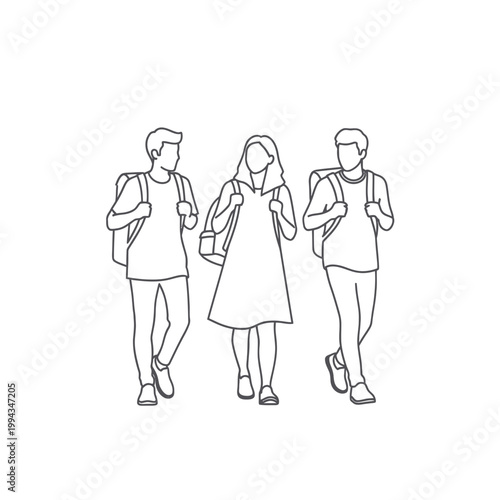 Three students with backpacks walking together, line art illustration