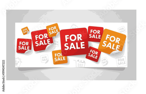 For Sale Square Sticker Banner. Flat Vector Promotional Sign for Real Estate and Retail Business.