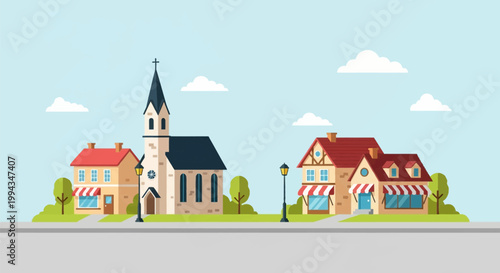 Flat vector illustration of a cartoon village street featuring a church with a steeple, small houses, shops with red striped awnings, street lamps, and green trees under a blue sky.