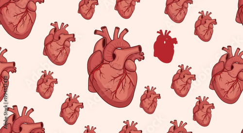 Seamless pattern of anatomical human hearts with detailed veins and arteries. Medical vector illustration on a cream background featuring various sizes and a red heart silhouette.
