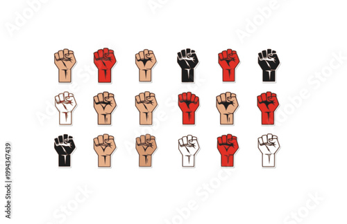 Proletarian Revolution Raised Fist Sticker Set. Flat Vector Clenched Hand Symbol for Solidarity and Protest.