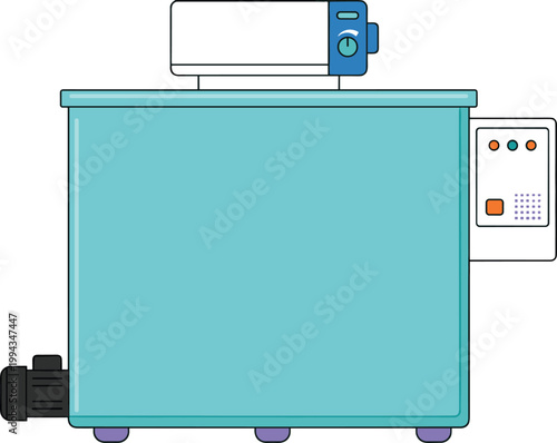 Industrial ultrasonic cleaning machine illustration featuring laboratory equipment, metal tank system and automated washing technology for precision parts