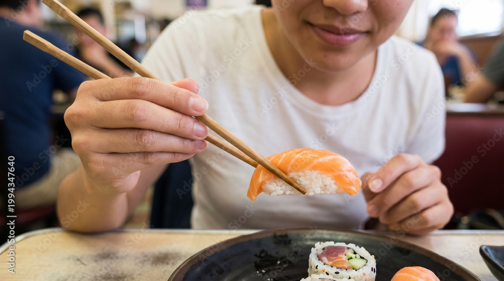 Fototapeta premium Woman using chopsticks to eat sushi at a restaurant table 