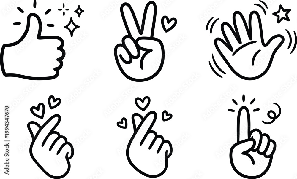 Fototapeta premium Black and white hand gestures including thumbs up peace sign high five finger heart and pointing with sparkles and stars