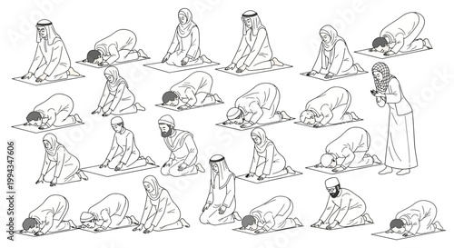 Line art illustration of diverse people praying in traditional attire