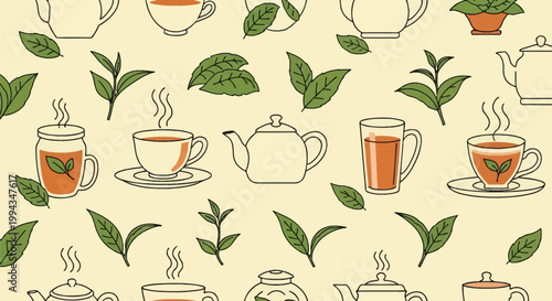 Horizontal vector background illustration featuring various teapots, teacups on saucers, glass mugs with hot liquid, and fresh green tea leaves with steam in a flat line art style.