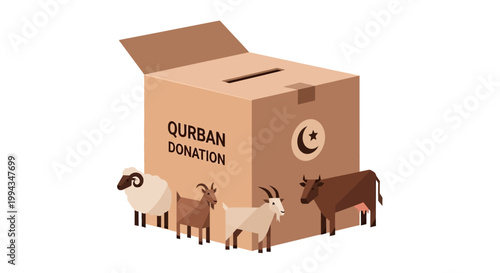 Illustration of Qurban Donation Box with Livestock Animals
