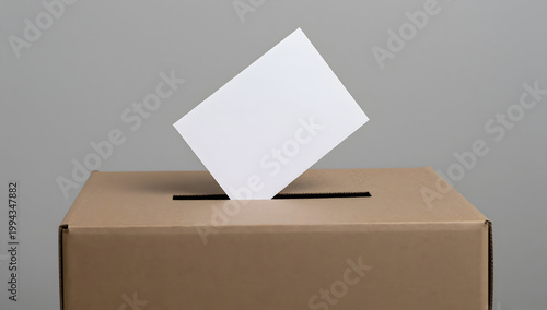 Casting a Ballot: A close-up view captures the moment a ballot is cast into a cardboard ballot box, symbolizing democratic participation and the importance of civic engagement.