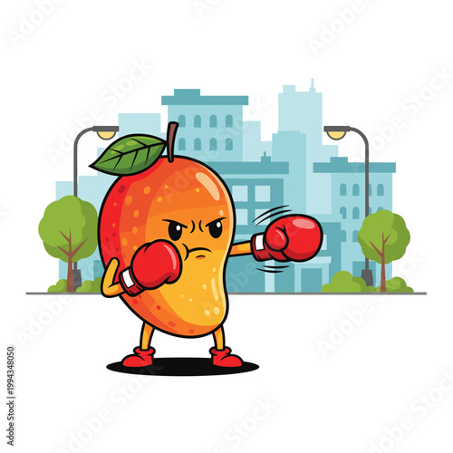 Cute Mango Boxer Mascot Character Vector Illustration with City Background