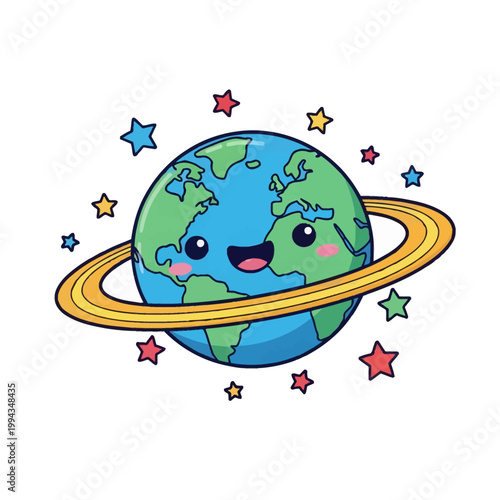 Cheerful cartoon Earth planet illustration featuring a happy smiling face with rosy cheeks, a golden planetary ring, and surrounding colorful stars isolated on a white background.