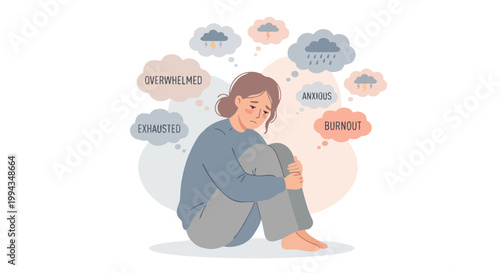 Stressed Young Woman Sitting Alone Feeling Overwhelmed, Exhausted, Anxious and Burnout – Mental Health Concept Illustration