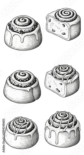 Collection of six hand-drawn black and white vintage style cinnamon roll illustrations featuring various angles, cross-sections showing dough texture, and drizzled icing glaze.