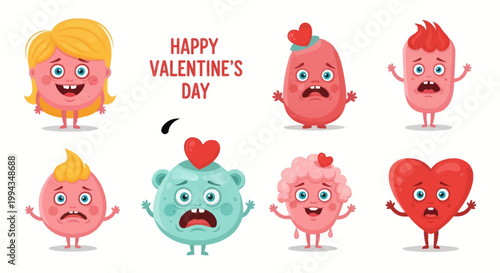 Vector set of seven quirky cartoon monster illustrations for Valentine's Day, featuring pink and mint characters with expressive faces, heart details, and hair on a white background.