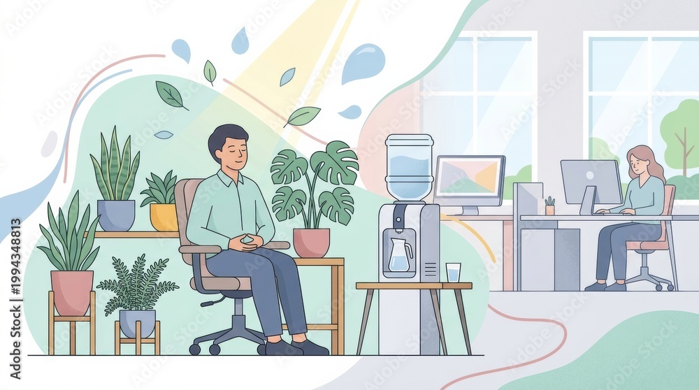Fototapeta premium Employee Practices Mindfulness at a Workplace Setting With Plants and Water Cooler During a Break for Mental Wellness