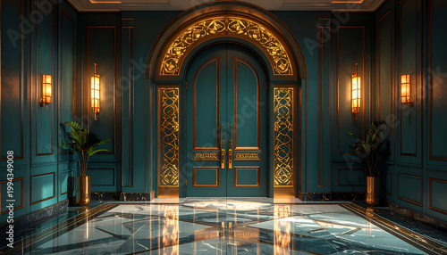 An opulent interior showcases a grand arched doorway framed by intricate gold detailing, flanked by elegant wall sconces and lush greenery, creating a luxurious and inviting atmosphere.