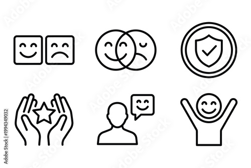Collection of expressive icons showing emotions satisfaction and feedback with happy and sad faces