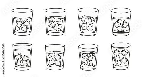 Vector collection of eight minimal line art icons showing drinking glasses filled with a beverage and ice cubes, isolated on a white background for graphic design and web use.