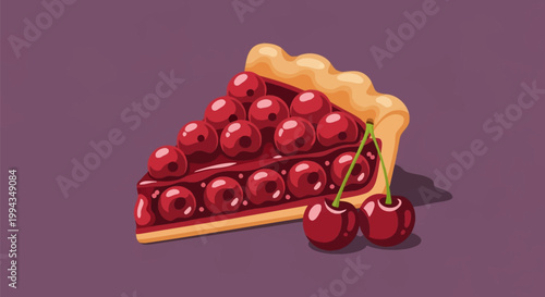 Vector illustration of a single slice of cherry pie featuring a golden flaky crust and deep red fruit filling, plus two whole fresh cherries isolated on a purple background.