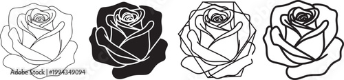 Rose Flower Line Icons Set, Minimal Floral Outline Vector Collection for Romantic Botanical Design