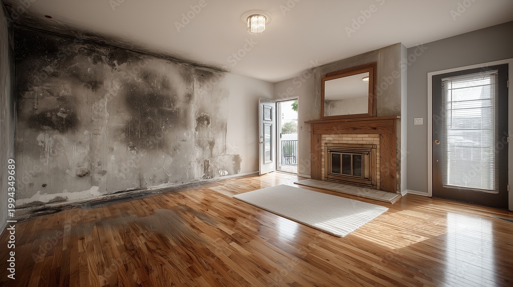 Fototapeta premium Room showing fire damage restoration before after effect with charred wall, soot, damaged floor on left and repaired clean wall.