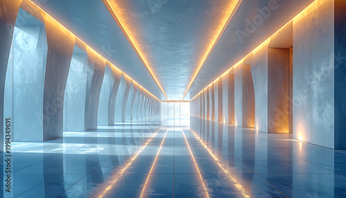 A long, modern hallway with curved walls and bright, warm lighting creates a sense of depth and futuristic design.