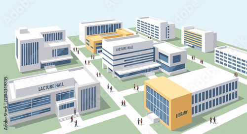 Isometric university campus layout with lecture halls, library, and modern facilities in 3D illustration