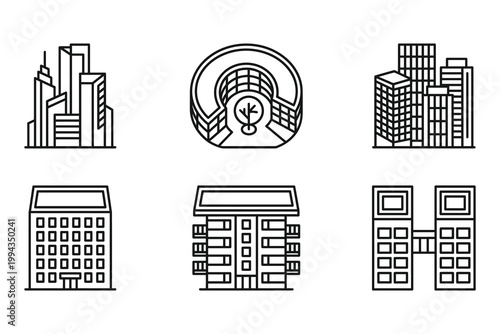 Modern minimalist line art icons depicting various buildings and architectural structures in outline style