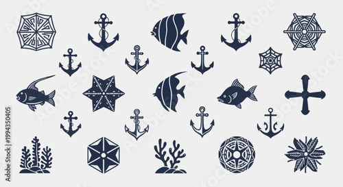 Collection of dark blue nautical and marine icons featuring various anchor styles, tropical fish silhouettes, geometric starfish, coral, seaweed, and maritime navigation symbols on a plain background.