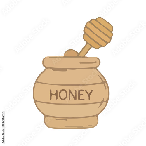 Hand Drawn Illustration of a Honey Pot with Wooden Dipper