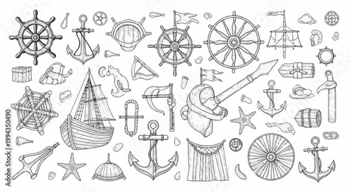 Detailed hand-drawn collection of nautical illustrations featuring vintage anchors, ship steering wheels, wooden sailboats, starfish, maritime flags, naval gear, and marine life elements on white.
