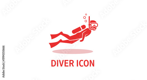 Red Diver Icon Swimming Underwater with Bubbles and Equipment.