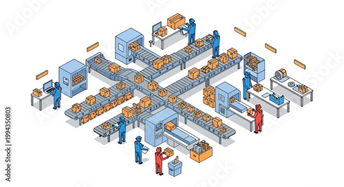 Isometric vector illustration depicting people working at a modern e-commerce warehouse, carefully managing logistics and shipping packages on conveyor belts, presented in a clean