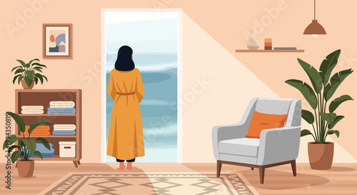 A woman in an orange robe stands facing an open doorway revealing a serene ocean view