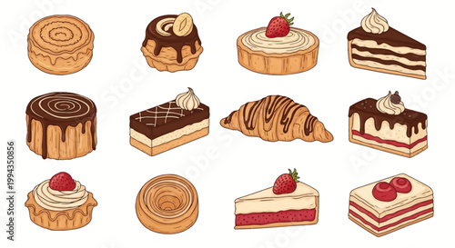 Hand-drawn set of twelve assorted pastries and desserts including chocolate cakes, fruit tarts with strawberries, croissants, cinnamon rolls, and layered cream cakes on white background.
