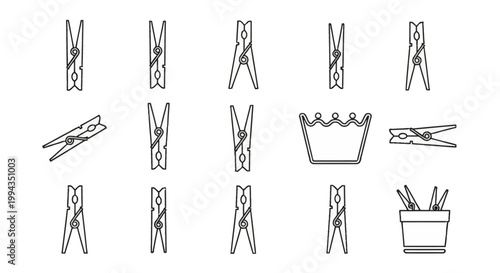 Collection of black and white line art icons depicting various styles and angles of clothespins, clothes pegs, a laundry basket, and washing accessories on a plain white background.