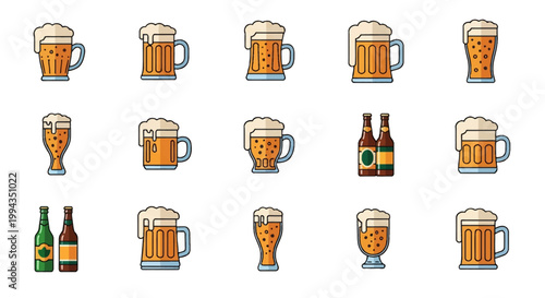 Set of vector icons featuring beer mugs with white foam, pilsner glasses, and bottles. Collection includes various glassware styles and beverage containers on a white background.
