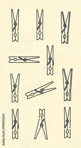 Minimalist black line art collection of various clothespins and wooden laundry pegs shown at different angles and orientations on a solid pale cream background.