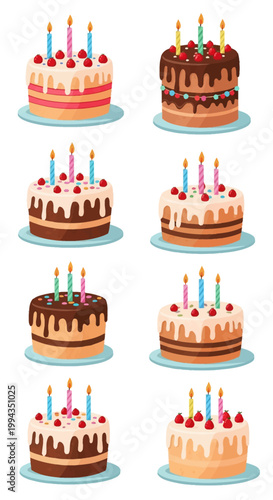 Vector illustration set of eight diverse birthday cakes featuring chocolate and vanilla layers, dripping glaze, fresh strawberries, sprinkles, and lit candles on white background.