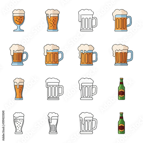 Large set of beer glass and mug icons in various styles including colored illustrations and black and white line art, featuring pilsner glasses, mugs with foam, and green glass bottles.