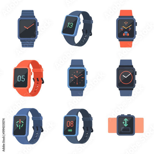 Vector illustration set of nine smartwatches with various digital and analog interface designs, orange and blue silicone straps, isolated on a white background for tech concepts.
