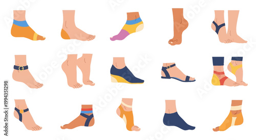 Collection of fifteen flat vector illustrations depicting human feet and lower legs with various footwear including socks, sandals, wedge shoes, and decorative ankle straps on white.