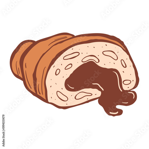 Isolated cut up croissant with chocolate filling in sketch style. Design element for print, logo, menu, recipe, sticker. Flat vector illustration.