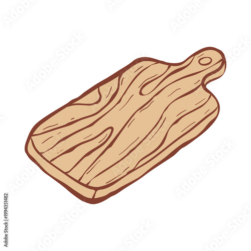 Isolated wooden cutting board for cooking in hand drawn style. Flat vector illustration. Template for print, sticker, scrapbooking, interior or food blog.
