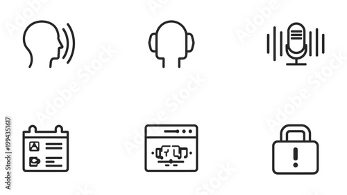 Essential Icons for Modern Communication: A minimalist collection of essential icons to symbolize auditory and data-centric concepts. This set includes icons representing voice, headphones.
